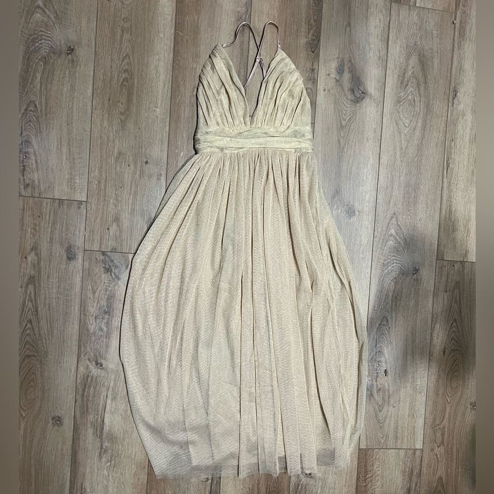 Dress Day Women’s Elegant Cream Gold Sparkle Evening Gown Dress Small